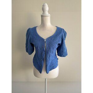 DKNY Blue Silver Button Down Short Sleeve Top Size Large